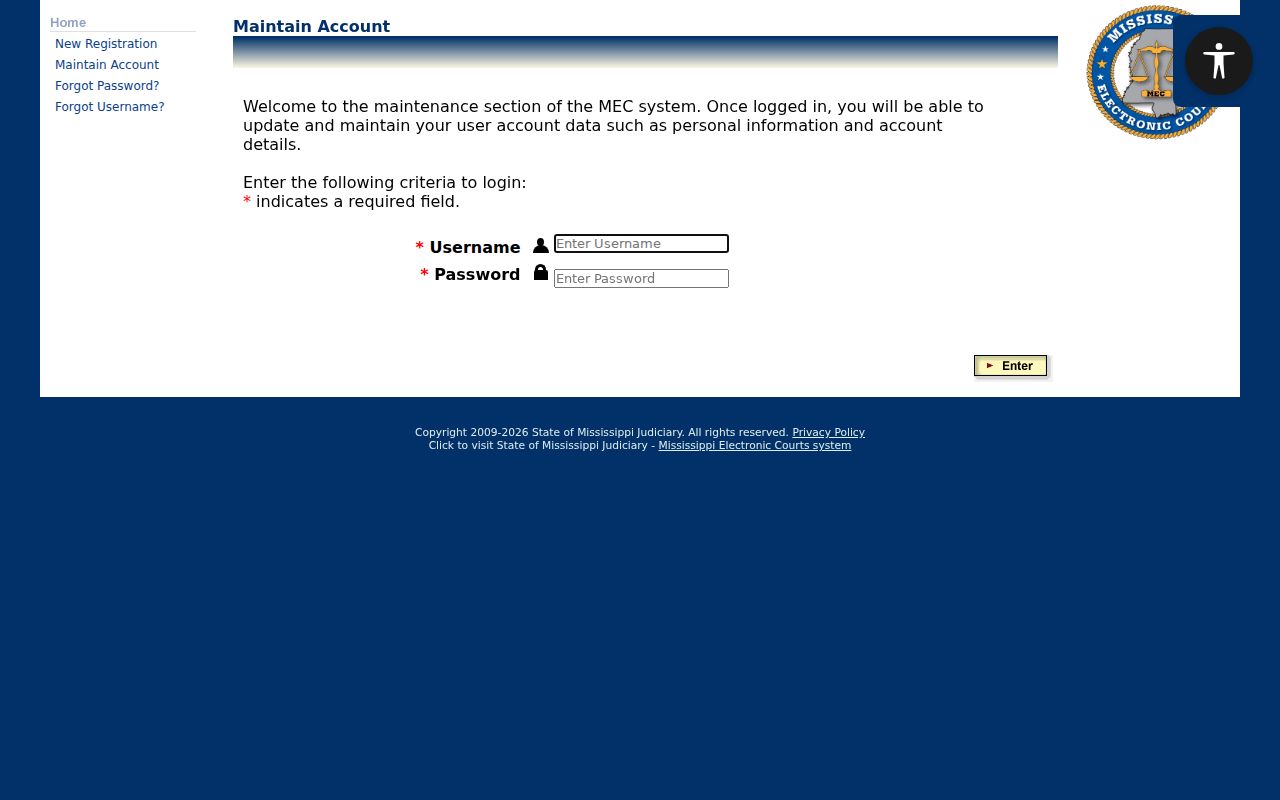 Amite County court docket PAMEC registration screen