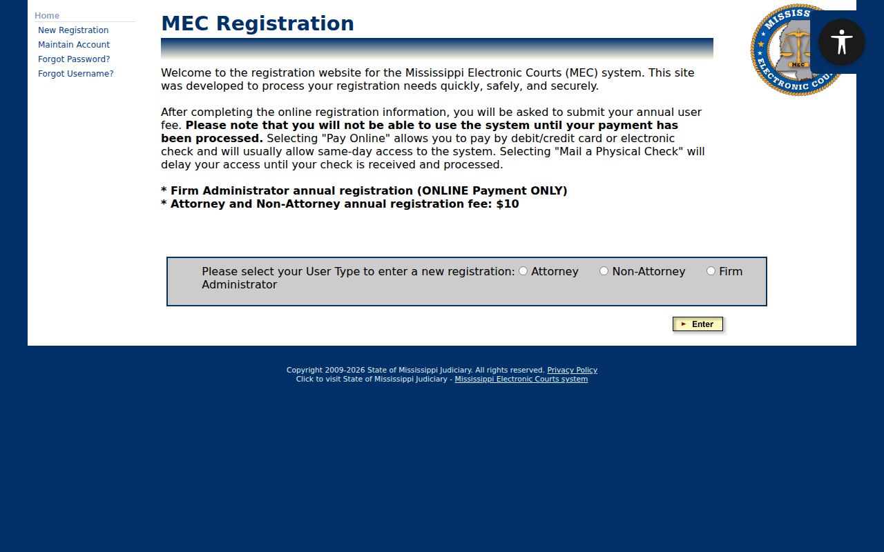 Amite County case search PAMEC registration user type screen