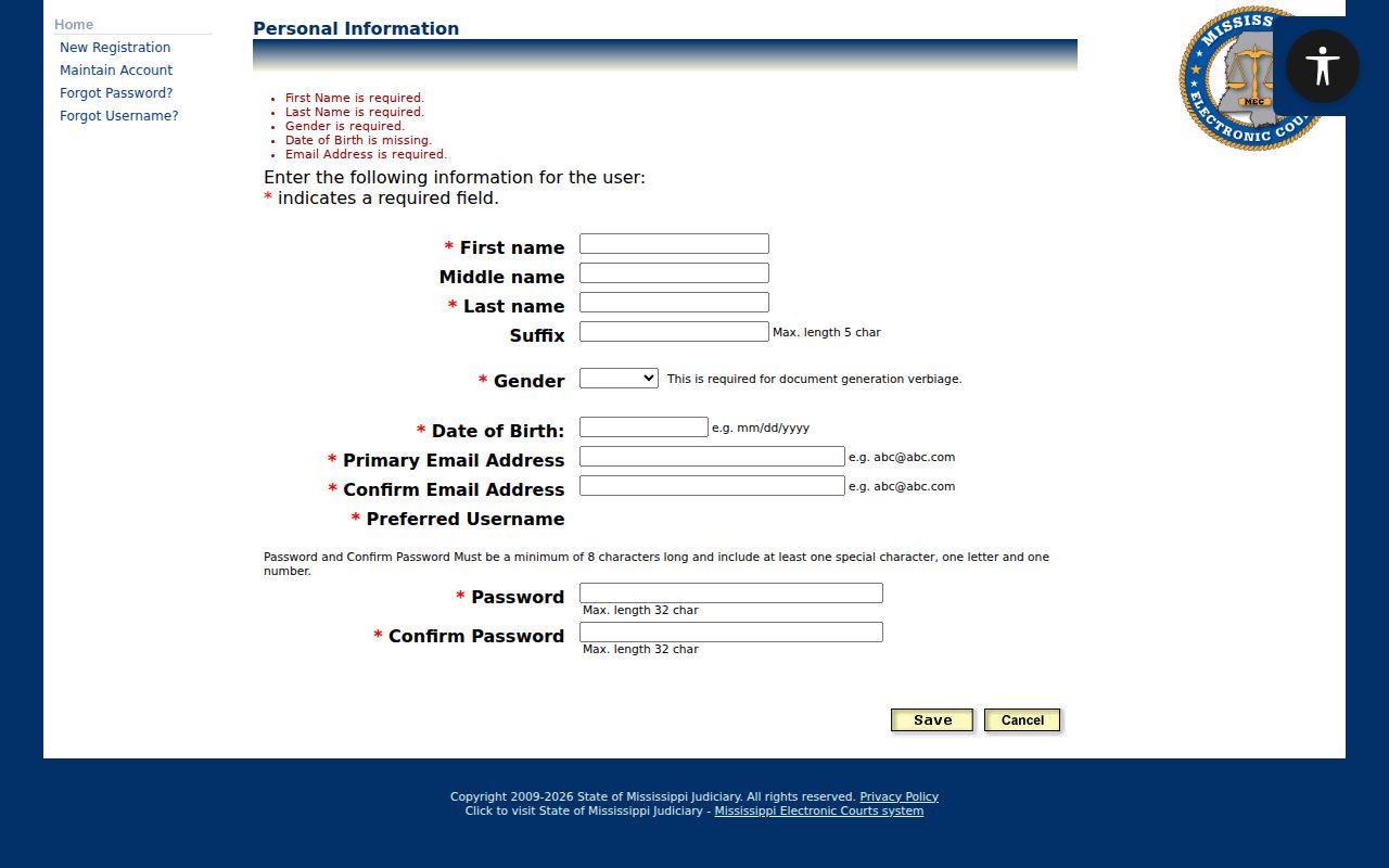 Amite County case search PAMEC personal information registration form