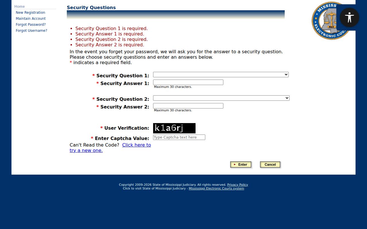 Amite County case search PAMEC security questions registration screen