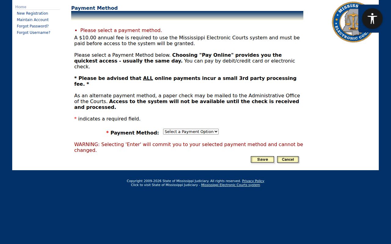 Amite County case search PAMEC payment method screen