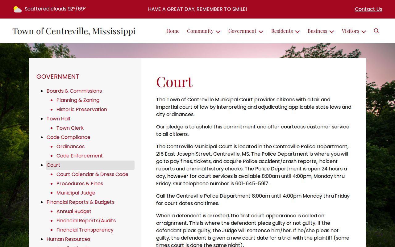 Centreville Municipal Court record services at the Police Department