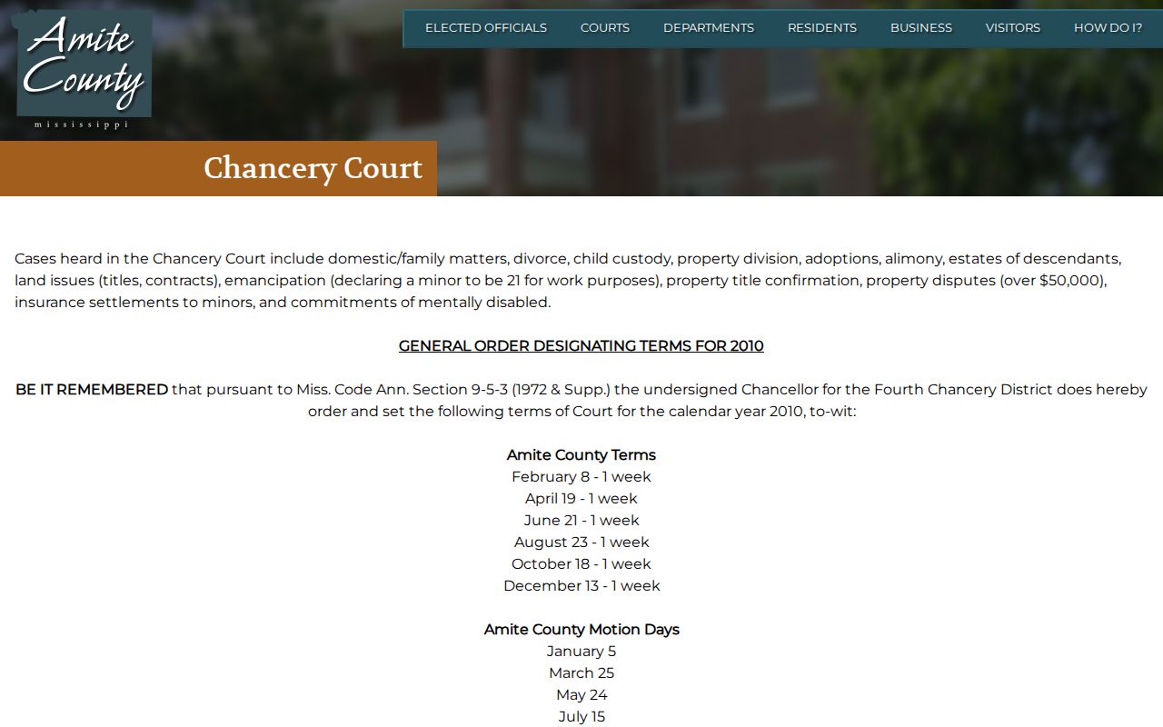 Amite County Chancery Court page for civil docket case types