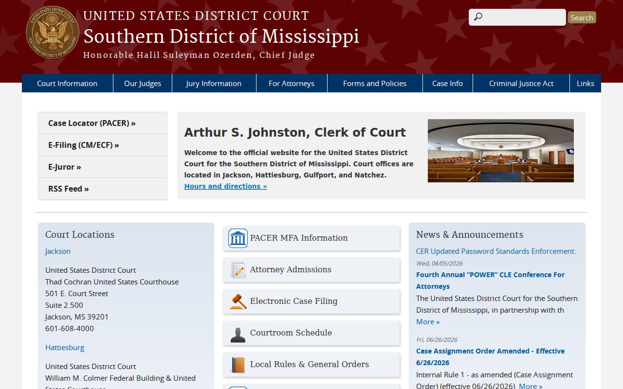 Southern District of Mississippi federal court website separate from Amite County civil court dockets