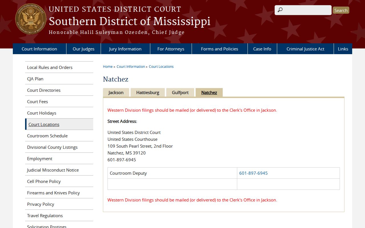 Natchez federal courthouse serving Southern District of Mississippi civil cases separate from Amite County dockets