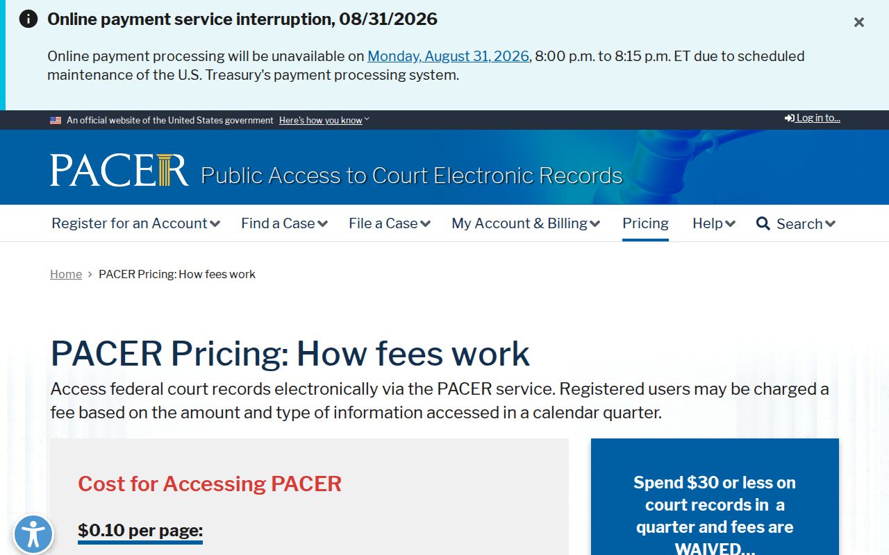 Amite County court records PACER pricing page for federal case documents