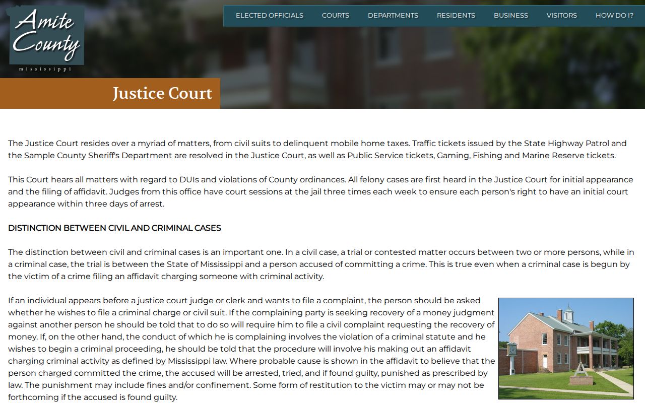 Amite County Justice Court overview for criminal docket and initial appearance records