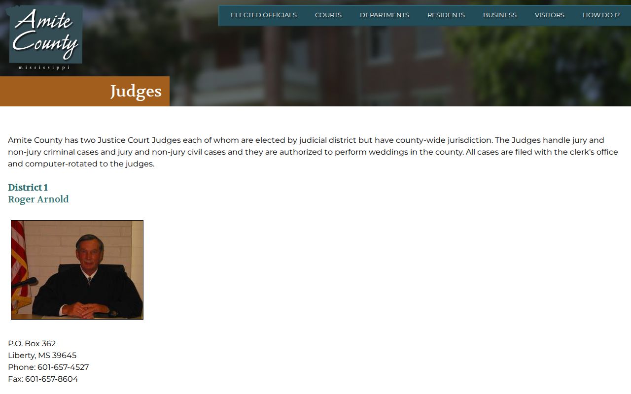 Amite County Justice Court judges page for criminal docket jurisdiction