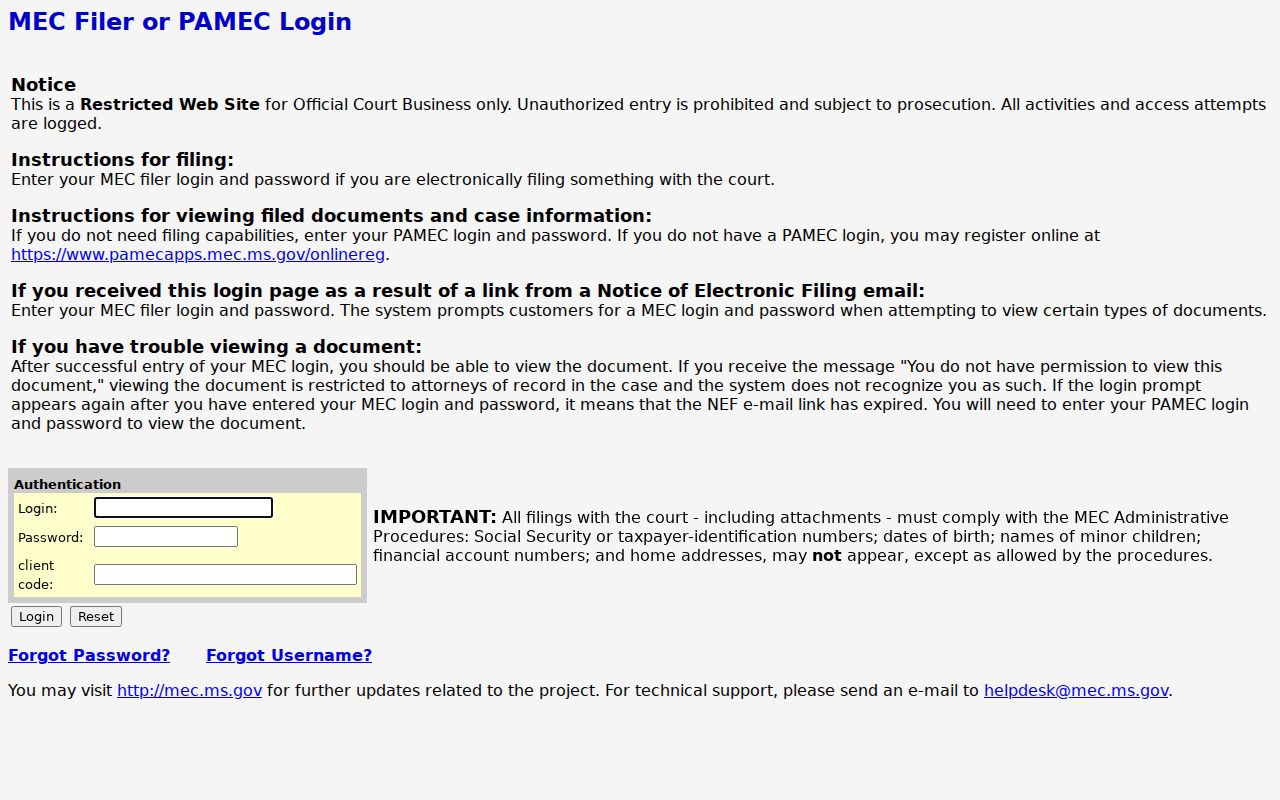 Official Mississippi MEC PAMEC login example for Amite County criminal court docket access