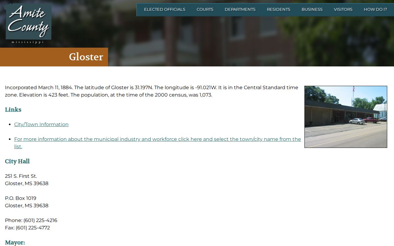 Gloster court records source showing the county Gloster City Hall profile