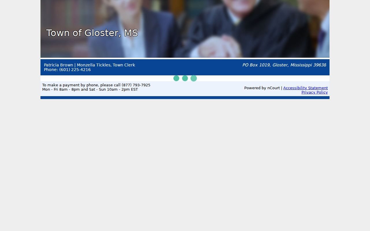 Gloster court records source showing the Town of Gloster nCourt payment support page