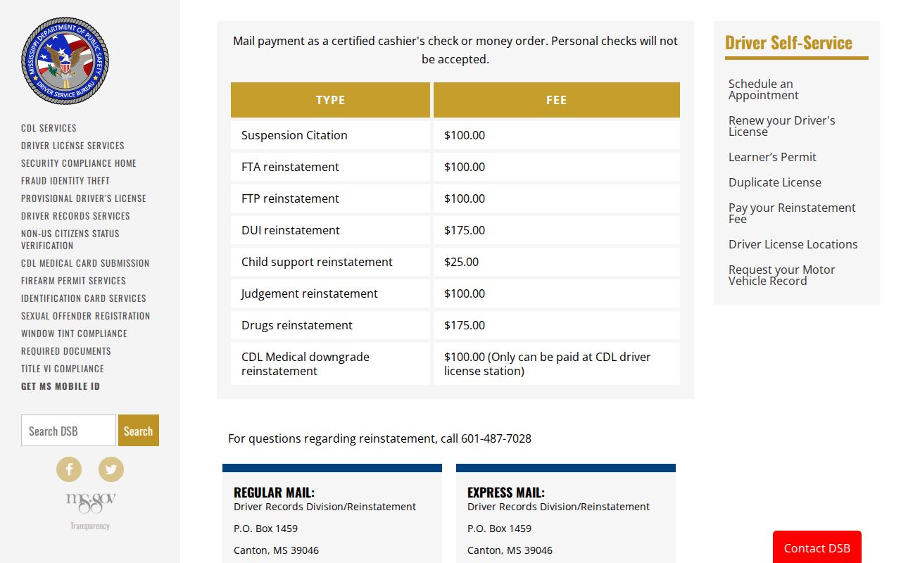 Amite County traffic court records DPS reinstatement fee source page